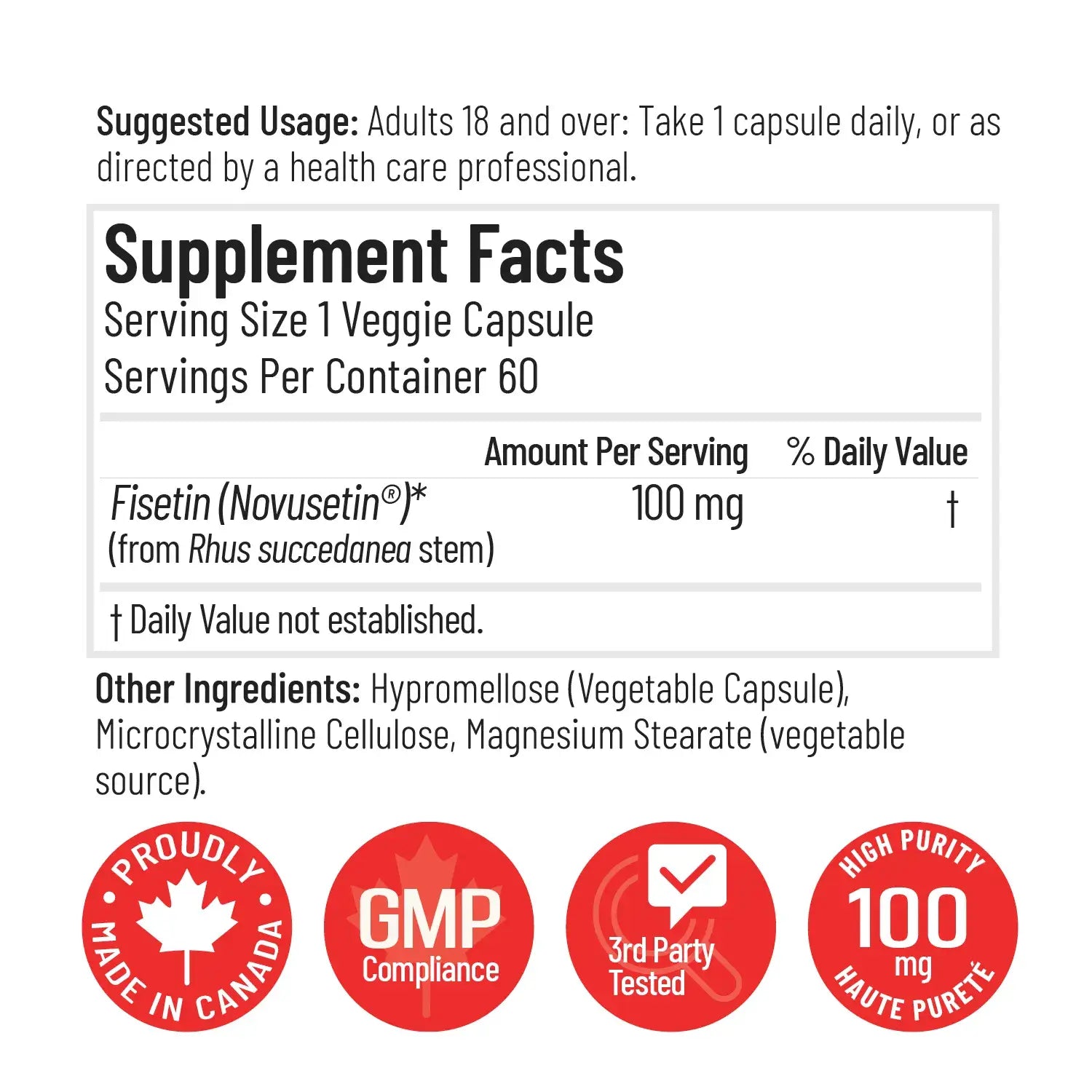 Arcwell fisetin, 100 mg, antioxidant, 60 vegetable capsules, supplement facts