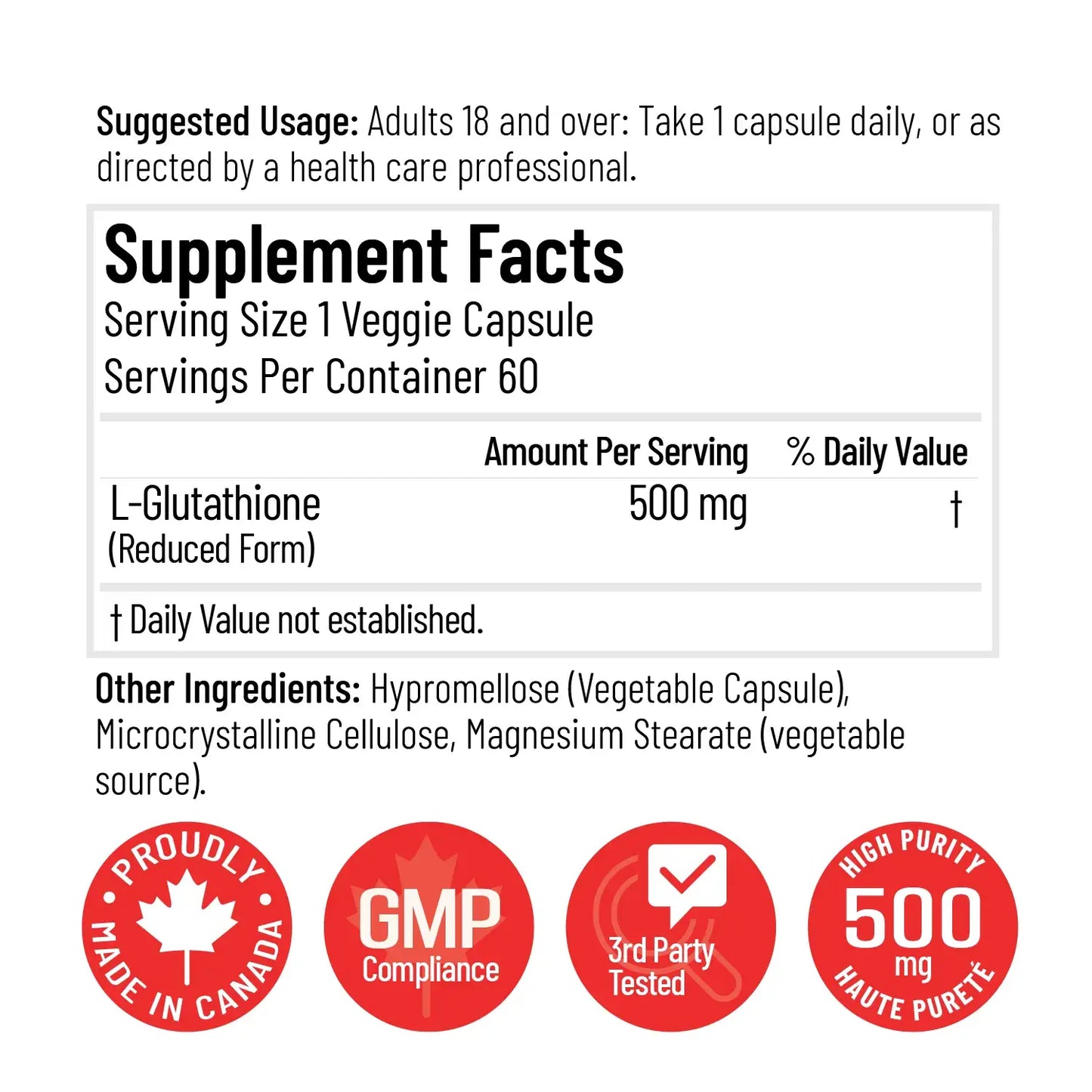 Arcwell glutathione reduced, 500 mg, antioxidant, supplement facts