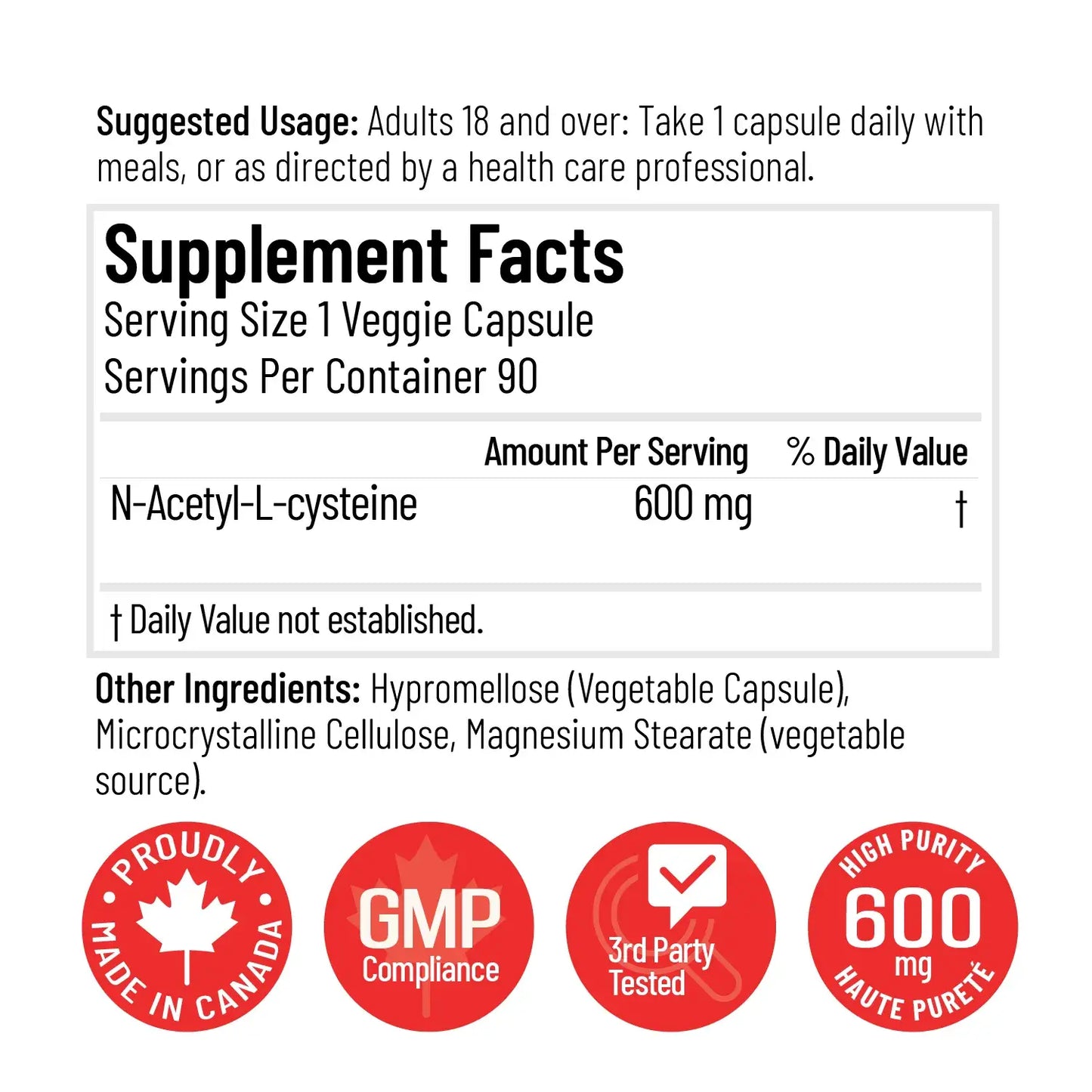 Arcwell NAC N-acetyl-l-cysteine, 600 mg, glutathione precursor, supplement facts