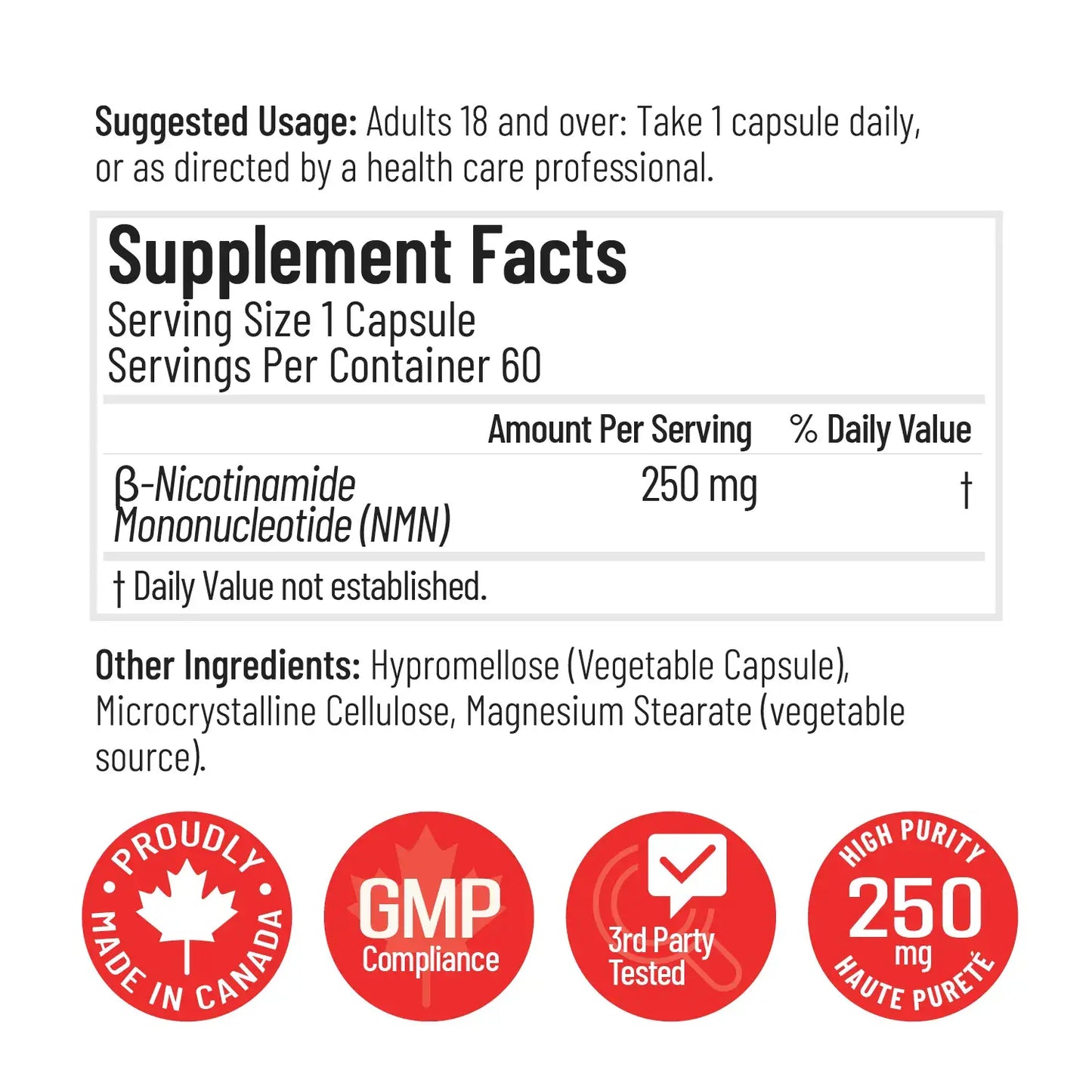 Arcwell NMN, 250 mg, boost NAD+, source of vitamin B3, supplement fact