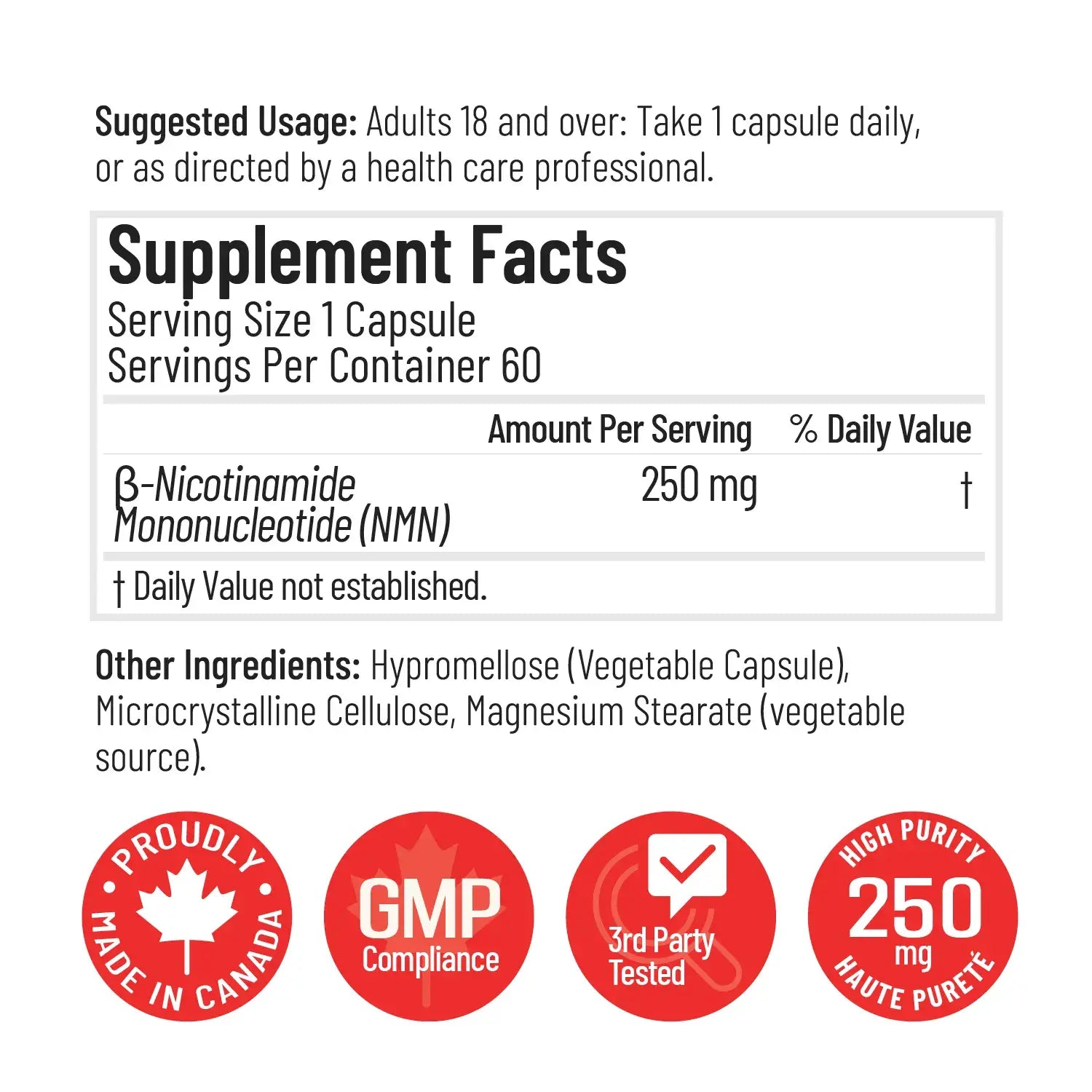 Arcwell NMN, 250 mg, boost NAD+, source of vitamin B3, supplement fact