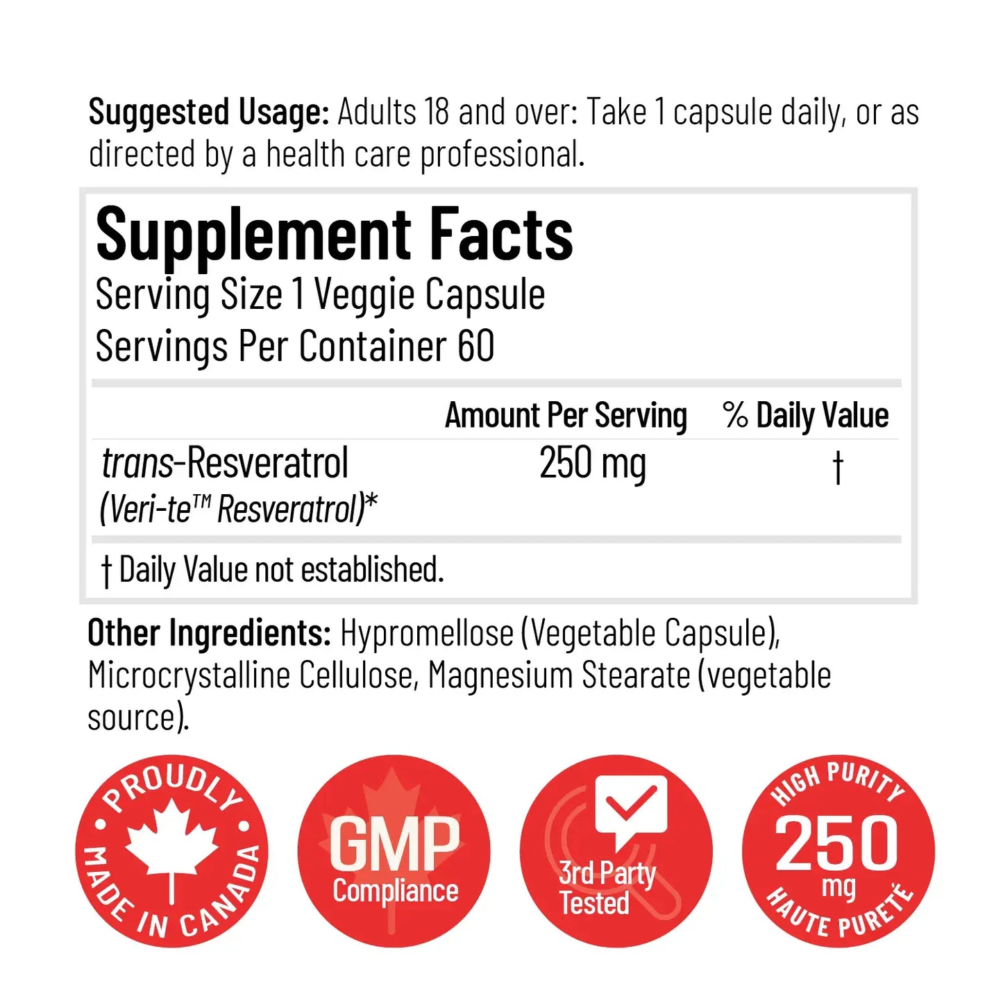 Arcwell trans-Resveratrol, 250 mg, antioxidant, supplement facts